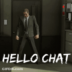 A Man In A Suit And Tie Is Standing In Front Of A Door With The Words Hello Chat Above Him GIF