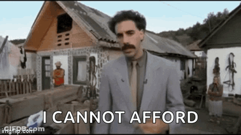 A Man In A Suit And Tie Is Standing In Front Of A House With The Words `` I Cannot Afford '' . GIF