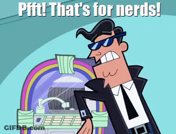 A Man In A Suit And Tie Is Standing In Front Of A Jukebox With The Words Pfft That 'S For Nerds GIF