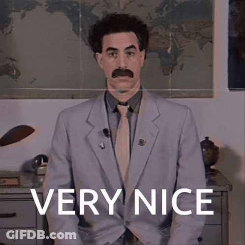 A Man In A Suit And Tie Is Standing In Front Of A Sign That Says " Very Nice " GIF