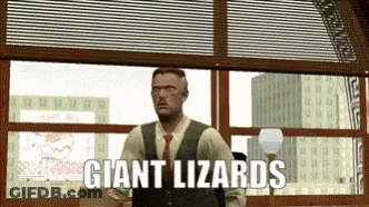 A Man In A Suit And Tie Is Standing In Front Of A Window With The Words " Giant Lizards " Above Him GIF