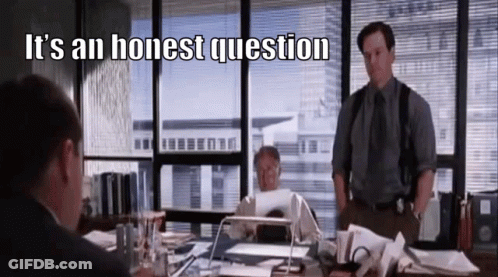 A Man In A Suit And Tie Is Standing In Front Of A Window With The Words " It 'S An Honest Question " Written Above Him GIF