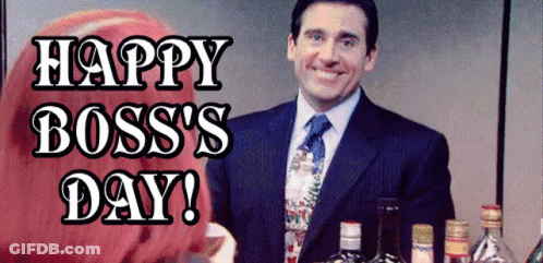 A Man In A Suit And Tie Is Standing In Front Of Bottles Of Alcohol And The Words Happy Boss 'S Day GIF
