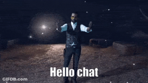 A Man In A Suit And Tie Is Standing In The Dark With His Arms Outstretched And Says Hello Chat GIF