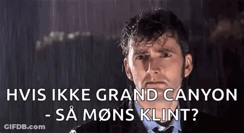 A Man In A Suit And Tie Is Standing In The Rain With The Words Hvis Ikke Grand Canyon Sa Mons Klint GIF