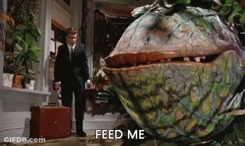 A Man In A Suit And Tie Is Standing Next To A Giant Plant That Says Feed Me GIF