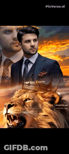 A Man In A Suit And Tie Is Standing Next To A Lion With A Crown On Its Head .. GIF