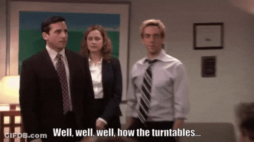 A Man In A Suit And Tie Is Standing Next To A Woman In A Suit And Tie And Says Well Well Well How The Turntables GIF