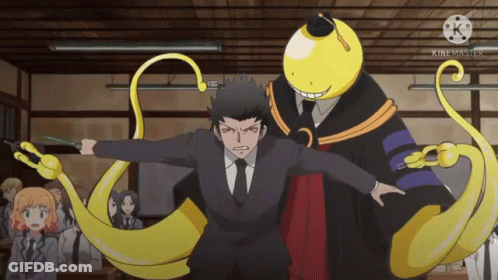 A Man In A Suit And Tie Is Standing Next To A Yellow Octopus In A Classroom GIF