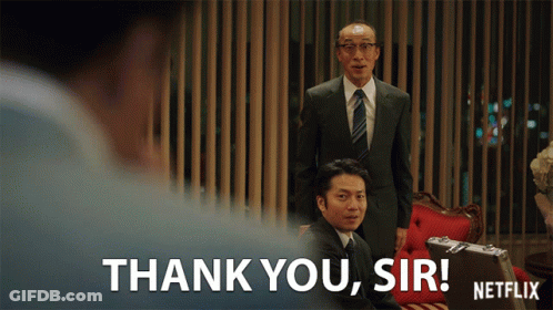 A Man In A Suit And Tie Is Standing Next To Another Man Who Says " Thank You Sir " GIF