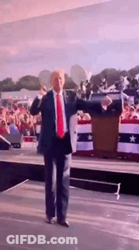 A Man In A Suit And Tie Is Standing On A Stage . GIF