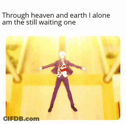 A Man In A Suit And Tie Is Standing On A Yellow Floor With His Arms Outstretched . GIF