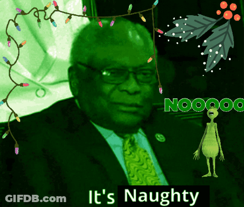 A Man In A Suit And Tie Is Surrounded By Christmas Lights And The Words " It 'S Naughty " On The Bottom GIF
