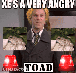 A Man In A Suit And Tie Is Surrounded By Frogs And Says Xe 'S A Very Angry GIF