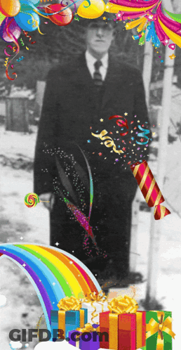 A Man In A Suit And Tie Is Surrounded By Gifts And Balloons With A Rainbow In The Foreground GIF