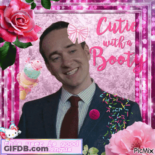 A Man In A Suit And Tie Is Surrounded By Pink Flowers And Ice Cream GIF