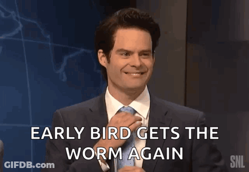 A Man In A Suit And Tie Is Talking About Early Bird Gets The Worm Again GIF