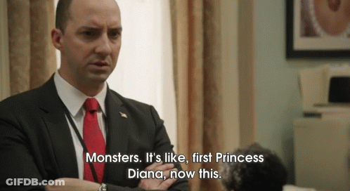 A Man In A Suit And Tie Is Talking About Monsters It 'S Like First Princess Diana Now This GIF