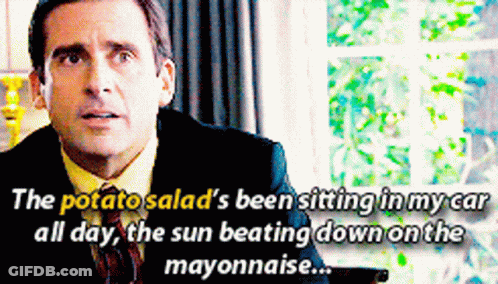 A Man In A Suit And Tie Is Talking About The Potato Salad Sitting In His Car GIF