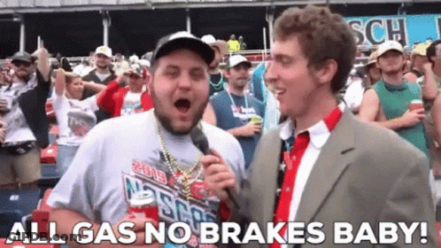 A Man In A Suit And Tie Is Talking Into A Microphone With The Words All Gas No Brakes Baby On The Bottom GIF