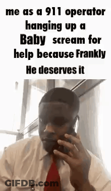 A Man In A Suit And Tie Is Talking On A Cell Phone While A Baby Screams For Help . GIF