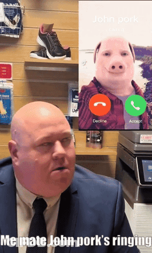 A Man In A Suit And Tie Is Talking On A Cell Phone With A Picture Of A Pig Behind Him GIF