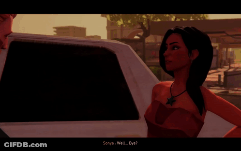 A Man In A Suit And Tie Is Talking To A Woman In A Video Game Called Sonya GIF