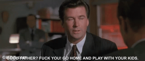 A Man In A Suit And Tie Is Talking To Another Man With The Words Good Father Fuck You Go Home And Play With Your Kids GIF