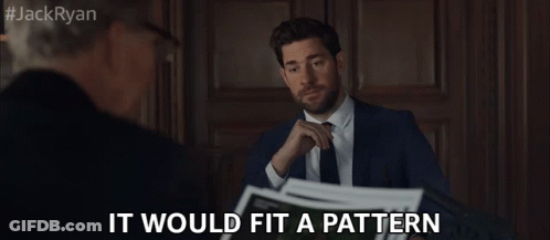 A Man In A Suit And Tie Is Talking To Another Man With The Words " It Would Fit A Pattern " Next To Him GIF