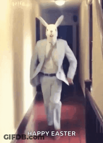 A Man In A Suit And Tie Is Walking Down A Hallway With A Rabbit Mask On His Head . GIF