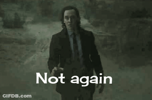 A Man In A Suit And Tie Is Walking Down A Road With The Words `` Not Again '' Above Him . GIF