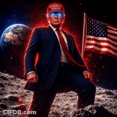 A Man In A Suit And Tie Is Wearing A Red Hat That Says America Is Back GIF