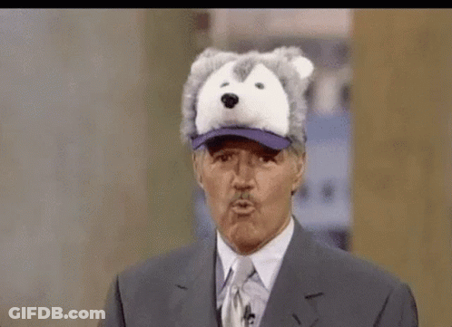 A Man In A Suit And Tie Is Wearing A Teddy Bear Hat On His Head . GIF