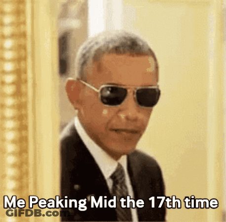 A Man In A Suit And Tie Is Wearing Sunglasses And Says " Me Peaking Mid The 17Th Time " GIF