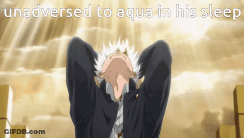A Man In A Suit And Tie Looks Up At The Sky With The Words Unadversed To Aqua In His Sleep GIF
