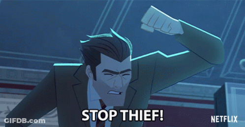 A Man In A Suit And Tie Pointing With The Words Stop Thief Written Below Him GIF