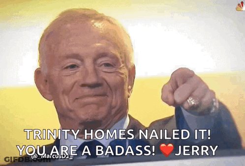 A Man In A Suit And Tie Points At The Camera And Says Trinity Homes Nailed It GIF