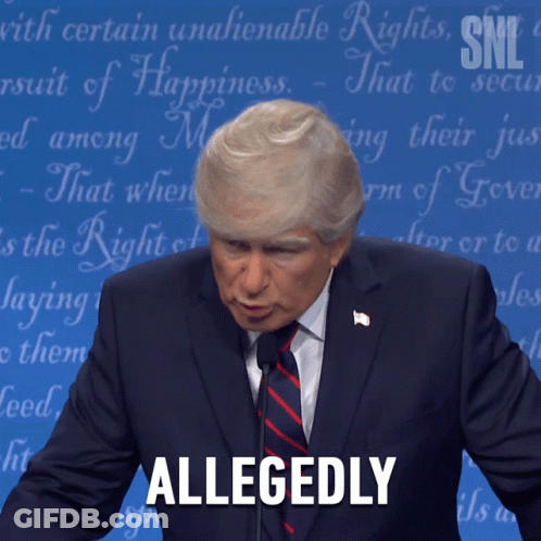 A Man In A Suit And Tie Says Allegedly In Front Of A Snl Logo GIF
