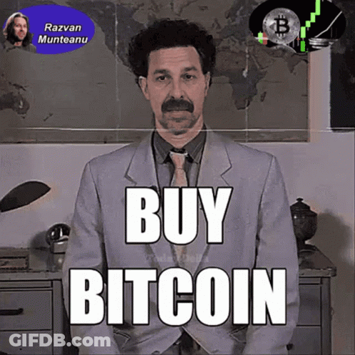 Man In Suit Saying Buy Bitcoin In Front Of Map GIF