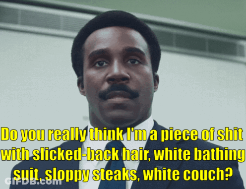 A Man In A Suit And Tie Says Do You Really Think I 'M A Piece Of Shit With Slicked-Back Hair GIF