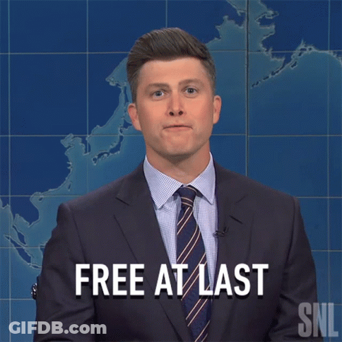 A Man In A Suit And Tie Says " Free At Last " In Front Of A Map GIF