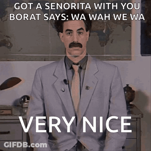 A Man In A Suit And Tie Says " Got A Senorita With You Borat Says " GIF