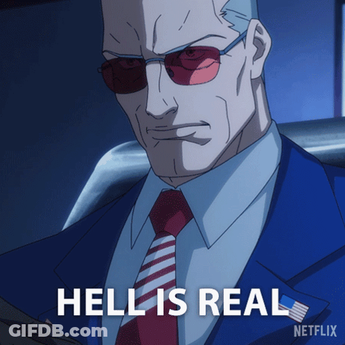 A Man In A Suit And Tie Says Hell Is Real On A Netflix Ad GIF