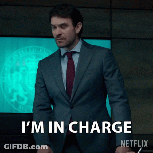A Man In A Suit And Tie Says I 'M In Charge In Front Of A Netflix Logo GIF