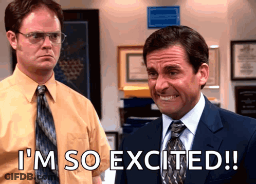 A Man In A Suit And Tie Says " I 'M So Excited !! " GIF