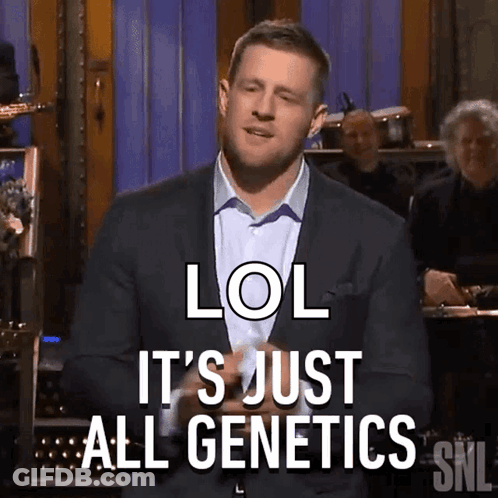 A Man In A Suit And Tie Says " LOL It 'S Just All Genetics " GIF