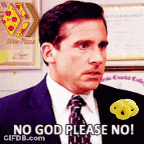 A Man In A Suit And Tie Says No God Please No In Front Of A Hive Pizza Logo GIF