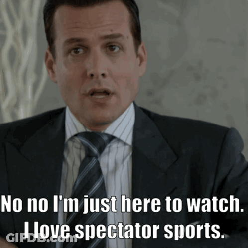 A Man In A Suit And Tie Says " No No I 'M Just Here To Watch " GIF