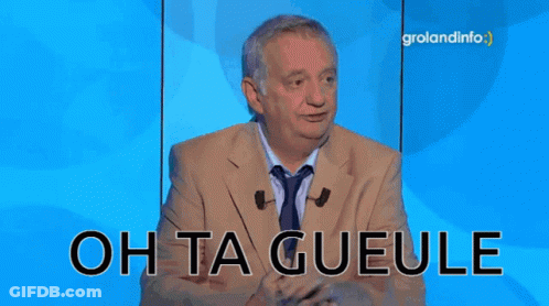 A Man In A Suit And Tie Says Oh Ta Gueule On A Blue Background GIF