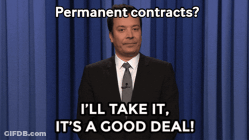 A Man In A Suit And Tie Says " Permanent Contracts ? I 'Ll Take It It 'S A Good Deal " GIF